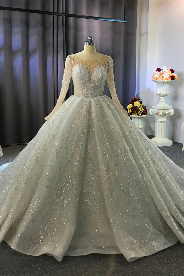 Gorgeous Bateau Long Sleeve Ruffles Floor Length Ball Gown Wedding Dress