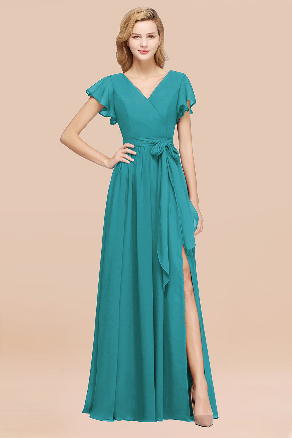 A-line Chiffon V-Neck Short Sleeves Floor Length Bridesmaid Dresses with Bow Sash