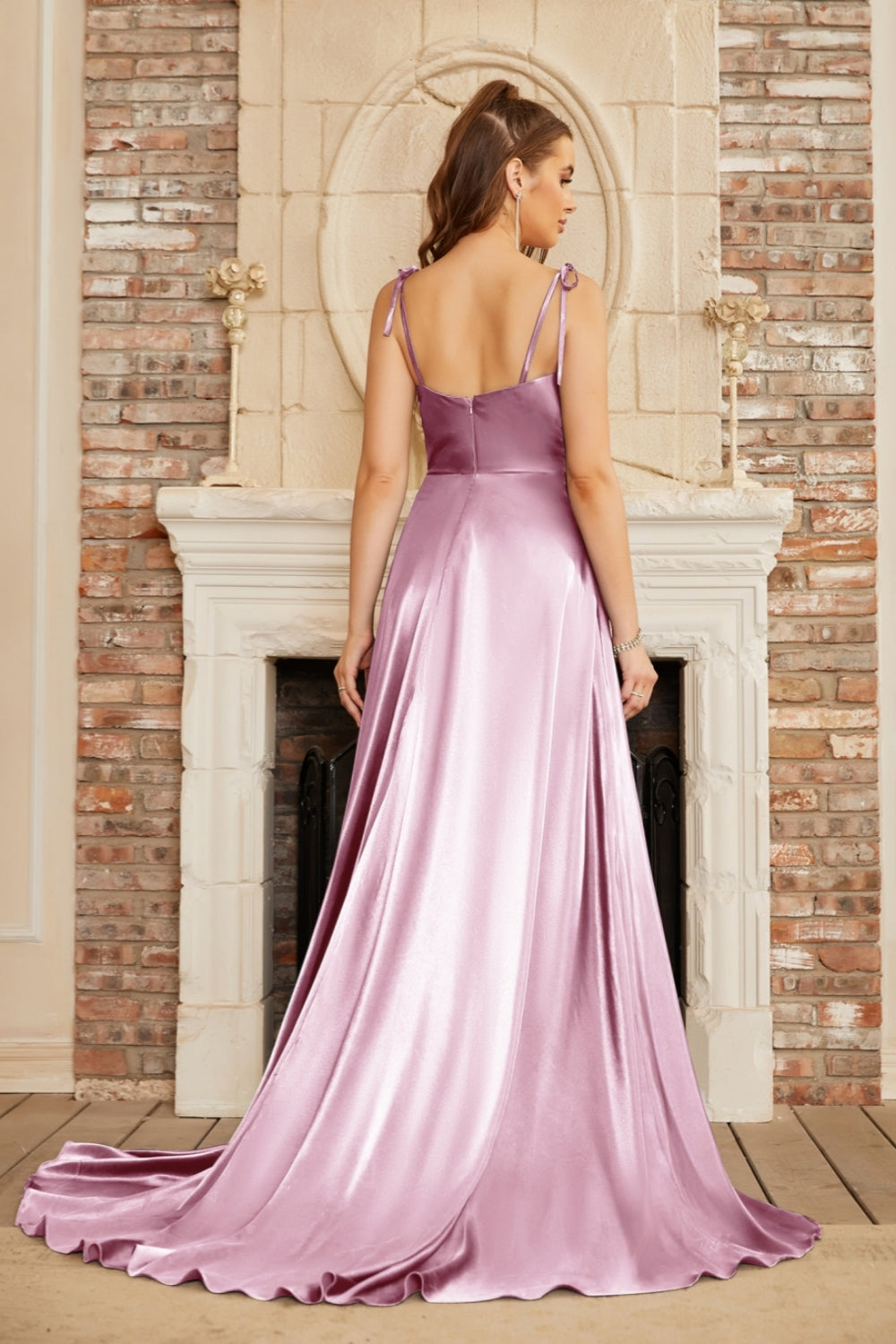Elegant Long A-line Satin Backless Formal Prom Dresses with Slit