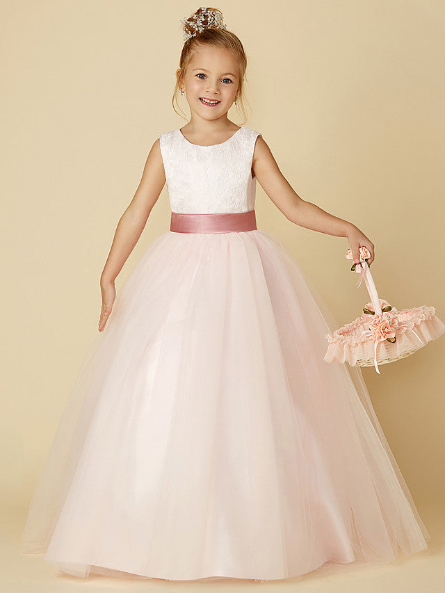Long A-line Tulle Sleeveless Jewel Neck Flower Girl Dresses with Appliques Lace