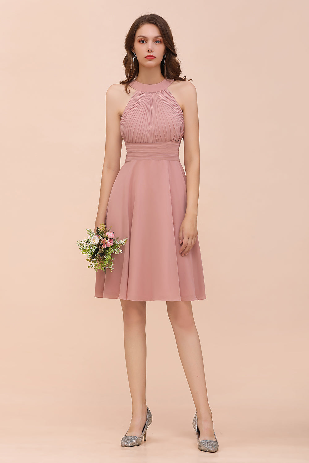 Affordable Short A-line Round Neck Ruffle Chiffon Bridesmaid Dress