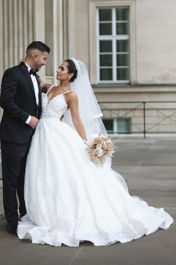 Charming Long Spaghetti Strap Sweetheart Floor Length Ball Gown Wedding Dress with Ruffles