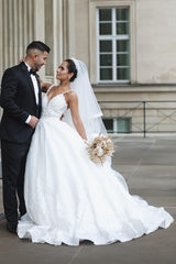 Charming Long Spaghetti Strap Sweetheart Floor Length Ball Gown Wedding Dress with Ruffles