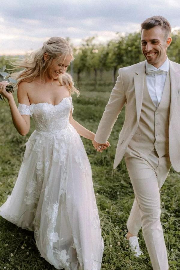 Elegant Long A-line Off the Shoulder Tulle Floral Lace Wedding Dress