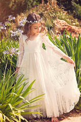Long A-line Appliques Lace V-neck Floor Length Flower Girl Dress with Sleeves
