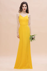 Bright Yellow Spaghetti Straps V-neck Floor Length Backless Bridesmaid Dress