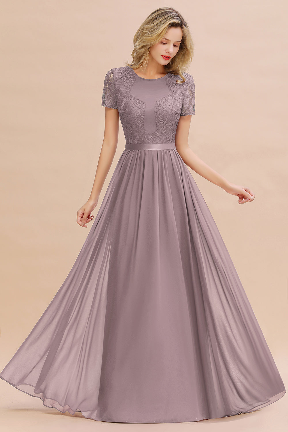 Chiffon Lace Scoop Short Sleeve Bridesmaid Dress
