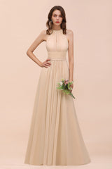 Elegant Long A-Line Jewel Ruffle Chiffon Champagne Bridesmaid Dress