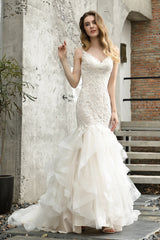 Ivory Long Mermaid Sweetheart Floral Lace Floor Length Wedding Dresses