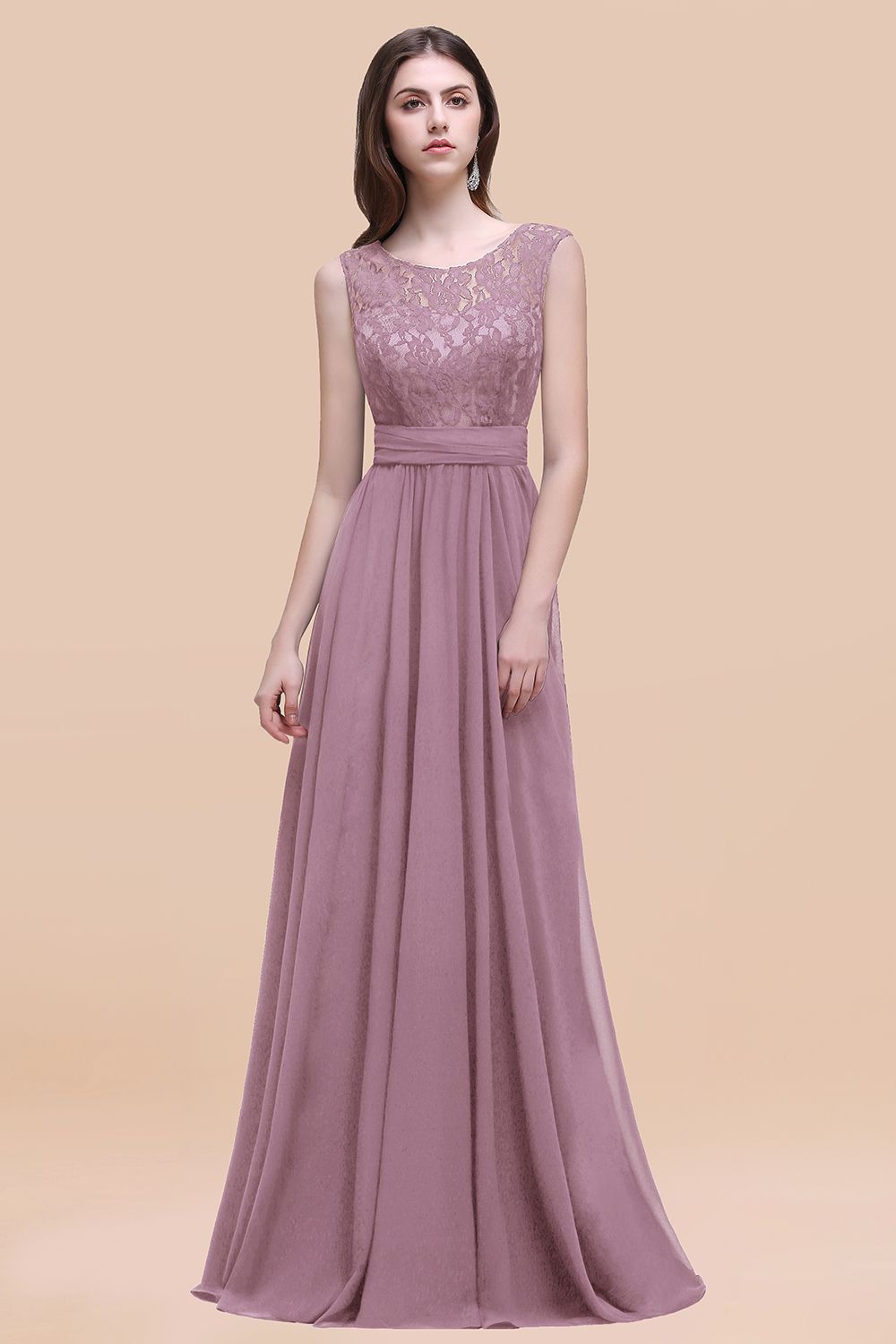 Elegant A-line Chiffon Lace Scoop Sleeveless Floor Length Bridesmaid Dress