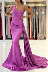 Beautiful Long Mermaid One Shoulder Satin Prom Dress