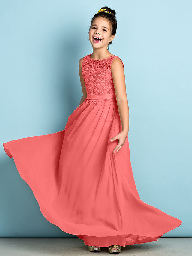 Long A-Line Scoop Neck Floor Length Chiffon Lace Junior Bridesmaid Dress