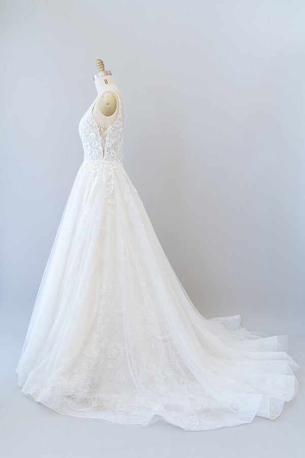 Long V-neck Open Back Appliques Lace Tulle A-line Wedding Dress