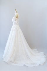 Long V-neck Open Back Appliques Lace Tulle A-line Wedding Dress