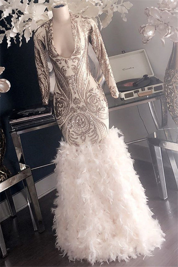 Long Mermaid V-neck Appliques Lace Prom Dress with Sleeves