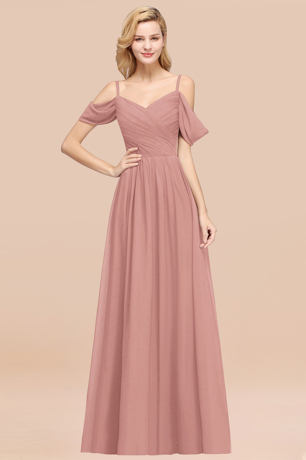 A-Line Chiffon V-Neck Spaghetti Straps Short Sleeves Floor Length Bridesmaid Dresses with Ruffles