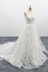 Elegant Long V-neck Appliques Lace Tulle A-line Wedding Dress