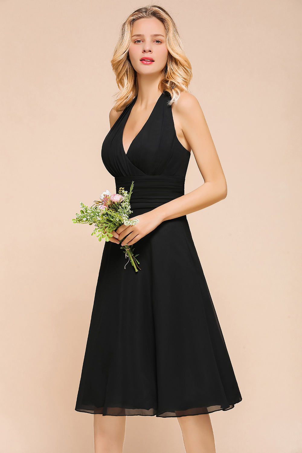 Simple Black Deep V-neck Halter Backless Knee-length Chiffon A-Line Bridesmaid Dress