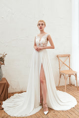 Long Tulle High Slit Appliques Lace Chiffon A-line Wedding Dress