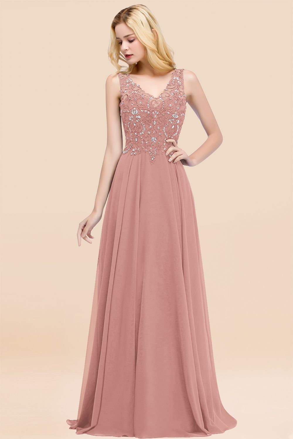 Dusty Rose Lace V-Neck Long Bridesmaid Dresses With Appliques