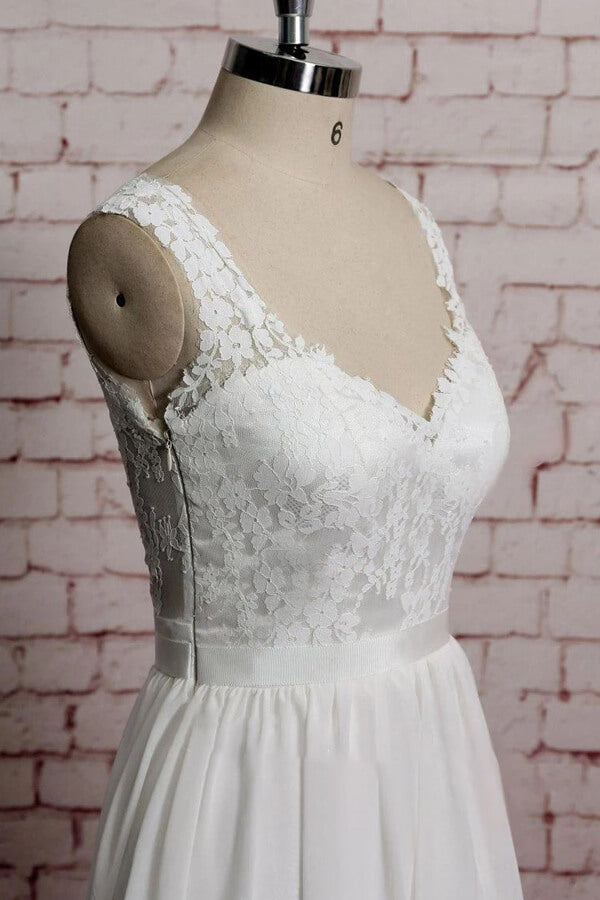 Awesome Long V-neck Lace Chiffon A-line Wedding Dress