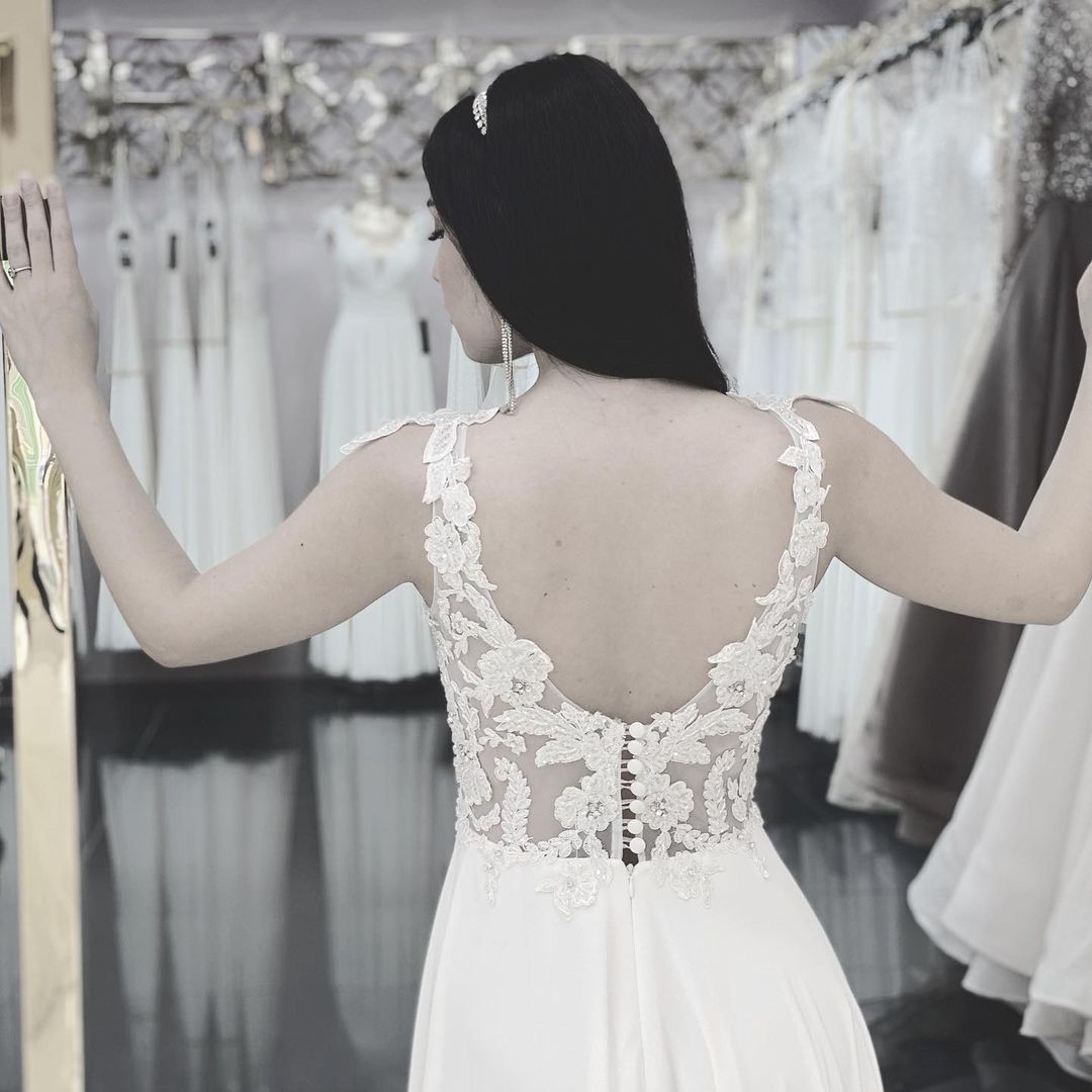 Simple Long A-line V-neck Lace Chiffon Wedding Dress with Slit
