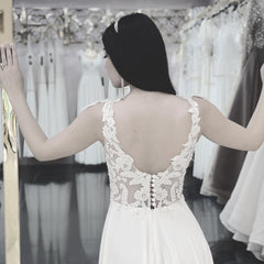 Simple Long A-line V-neck Lace Chiffon Wedding Dress with Slit