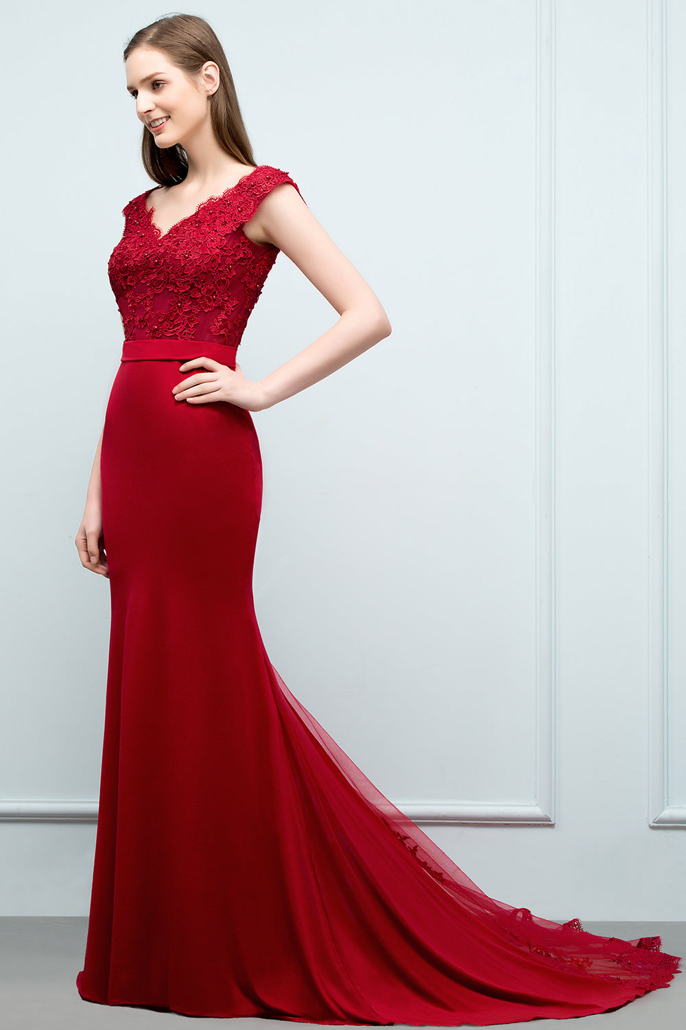 Red Long V-neck Stretch Satin Mermaid Evening Dress