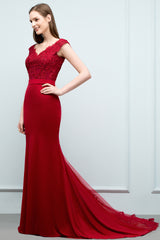 Red Long V-neck Stretch Satin Mermaid Evening Dress