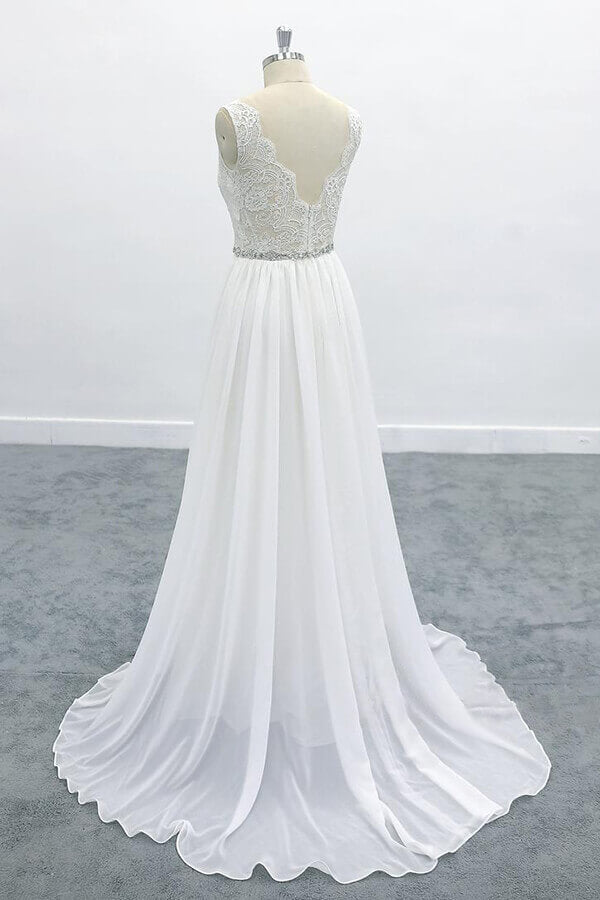 Elegant Long V-neck A-line Lace Chiffon Backless Wedding Dress