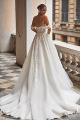 Chic Long A-line Off the Shoulder Floral Lace Tulle Backless Wedding Dress