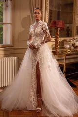 Elegant Long A-line High Neck Tulle Lace Backless Wedding Dress with Slit
