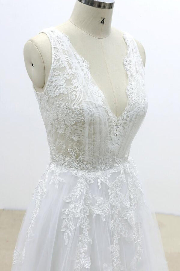 Long Ruffle V-neck Appliques Tulle A-line Wedding Dress
