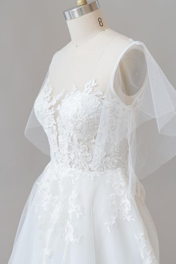 Long Sweetheart Appliques Lace Tulle A-line Chapel Train Wedding Dress