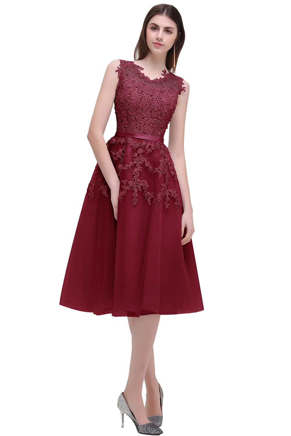 Short A-line Sleeveless Crew Neck Tulle Lace Formal Dress