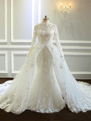 Long Sleeves High Neck Mermaid Tulle Lace Wedding Dresses with Train