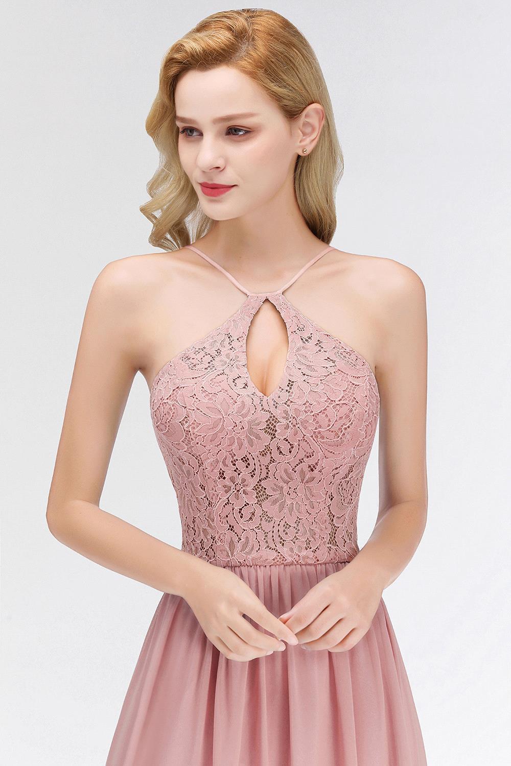 Lace A-line Keyhole Neckline Long Spaghetti Chiffon Bridesmaid Dresses
