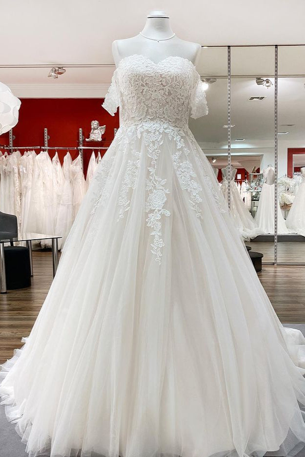 Modest Long A-line Off The Shoulder Tulle Lace Ruffles Princess Wedding Dress