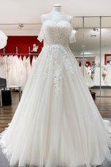 Modest Long A-line Off The Shoulder Tulle Lace Ruffles Princess Wedding Dress