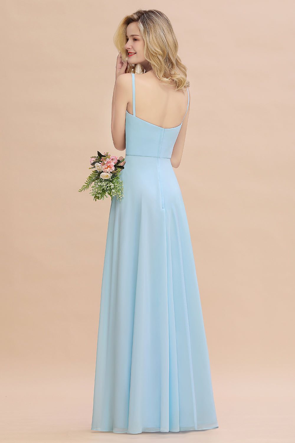 Vintage Spaghetti Straps V-neck A-line Chiffon Floor Length Bridesmaid Dress With Split