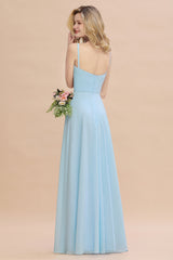 Vintage Spaghetti Straps V-neck A-line Chiffon Floor Length Bridesmaid Dress With Split