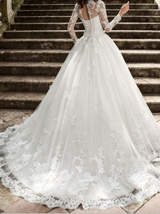 Long A-Line Jewel Neck Tulle Wedding Dresses with Long Sleeves