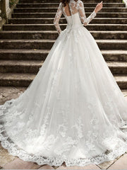 Long A-Line Jewel Neck Tulle Wedding Dresses with Long Sleeves