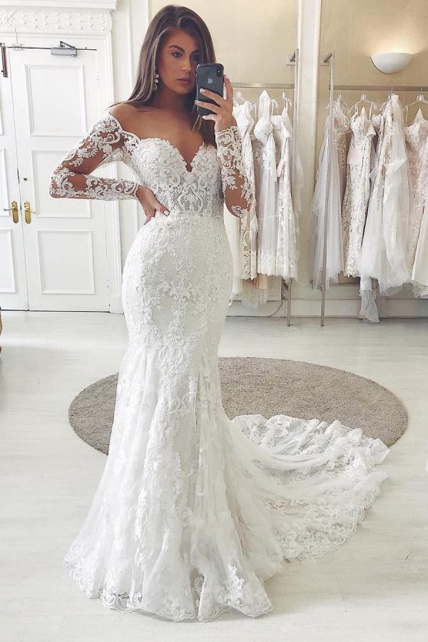 Gorgeous Long Mermaid Off the Shoulder Lace Wedding Dress with Sleeves
