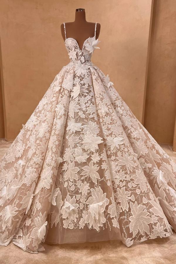 Flower Spaghetti Straps A Line Tulle Appliques Lace Long Wedding Dress