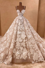 Flower Spaghetti Straps A Line Tulle Appliques Lace Long Wedding Dress