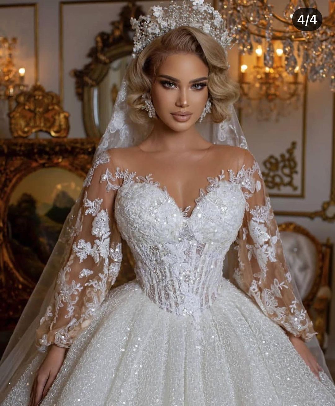 Luxury Long Ball Gown Glitter Sweetheart Wedding Dress with Puffy Sleeves