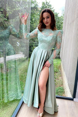 Crew Neck A-Line Long Sleeve Appliques Lace Satin Prom Dress with Slit