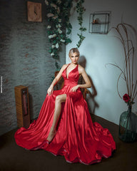 Elegant Long A-line Halter Satin Sleeveless Prom Dress with slit