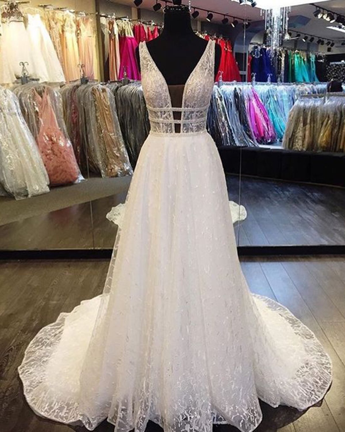 White A-line Lace Deep V Neck Long Halter Wedding Dress